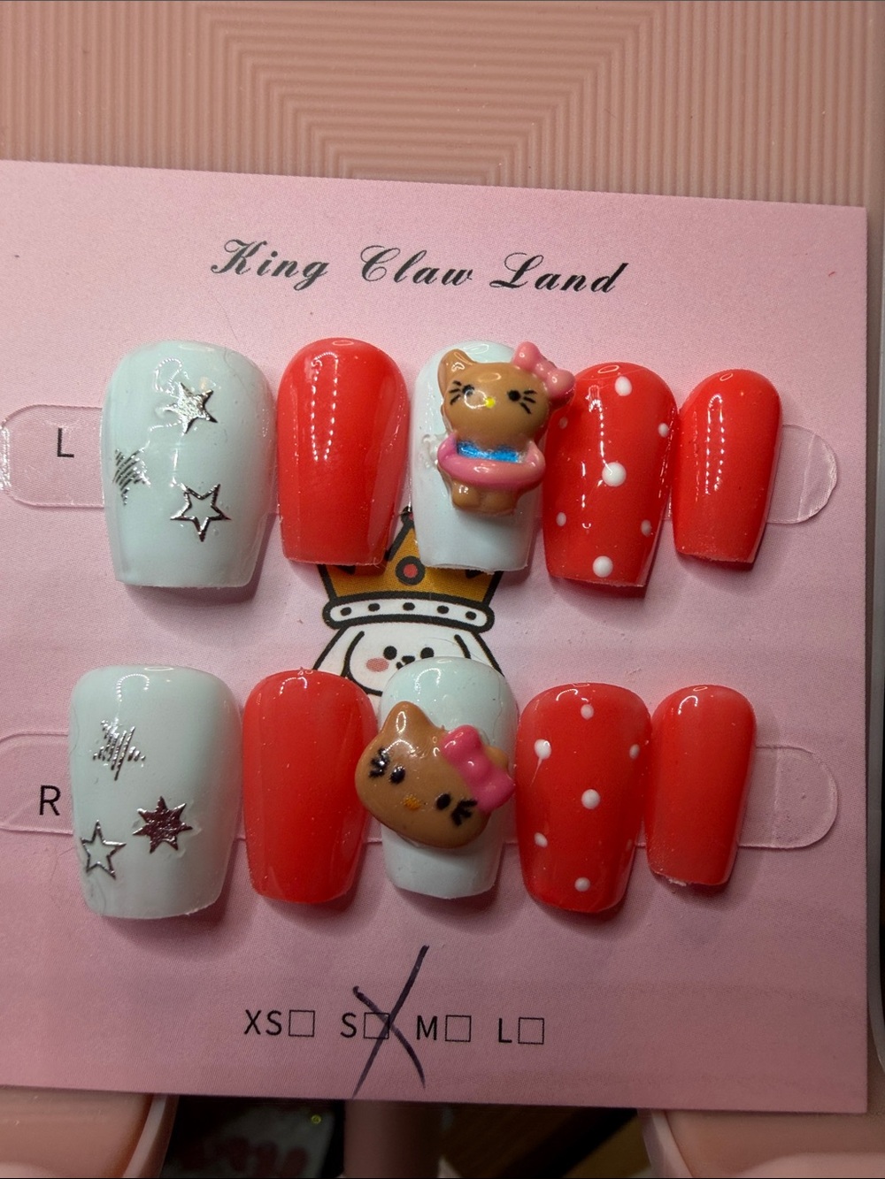 Coral & White Cute Hello Kitty Press-On Nails
